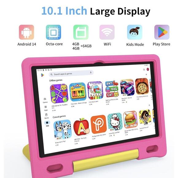 10.1"‎ HD Screen Android 14 Tablet for Kids 64GB Octa-Core WiFi Dual Camera PINK - Picture 2 of 6